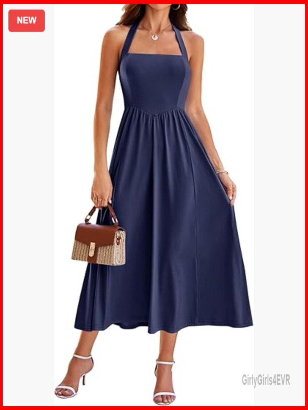 Halter Midi Dress with Pockets Sleeveless Flowy A-Line Swing Dress